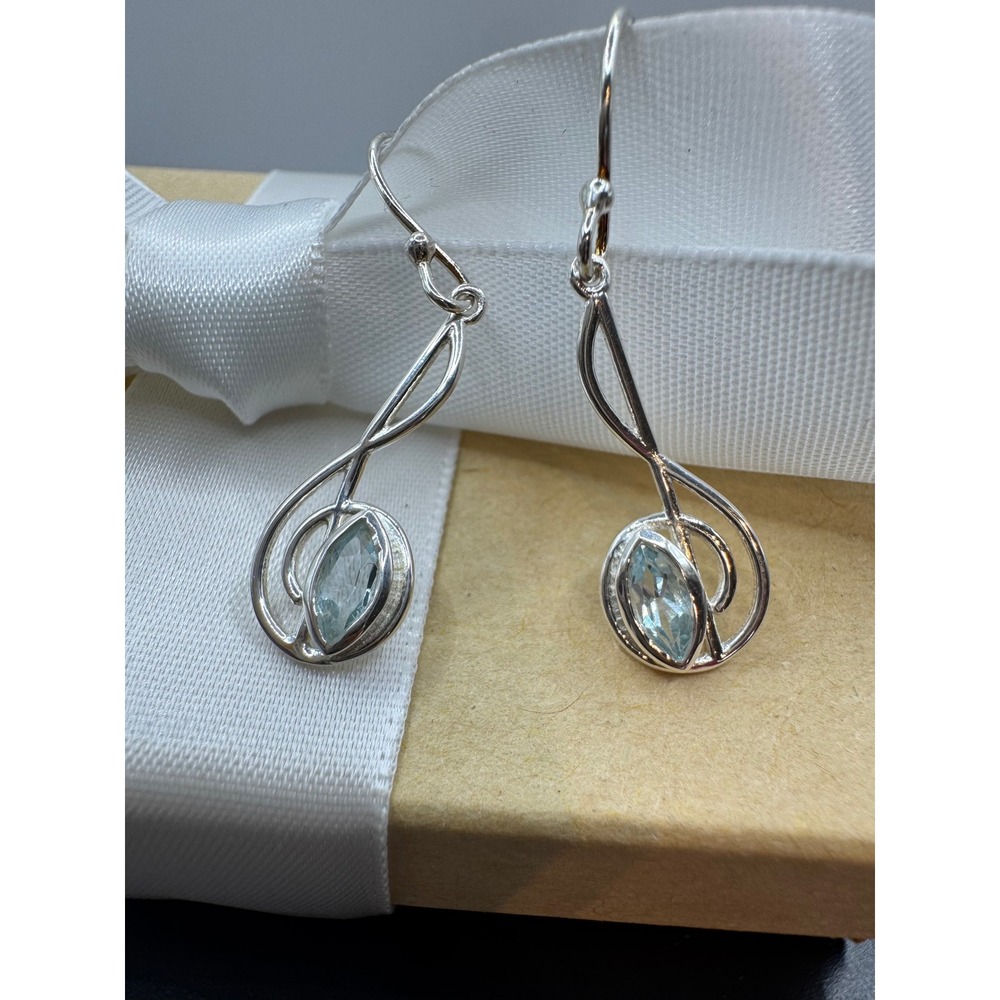 Sterling Silver Aquamarine Treble Clef Music Note Dangle Earrings 925 Genuine
